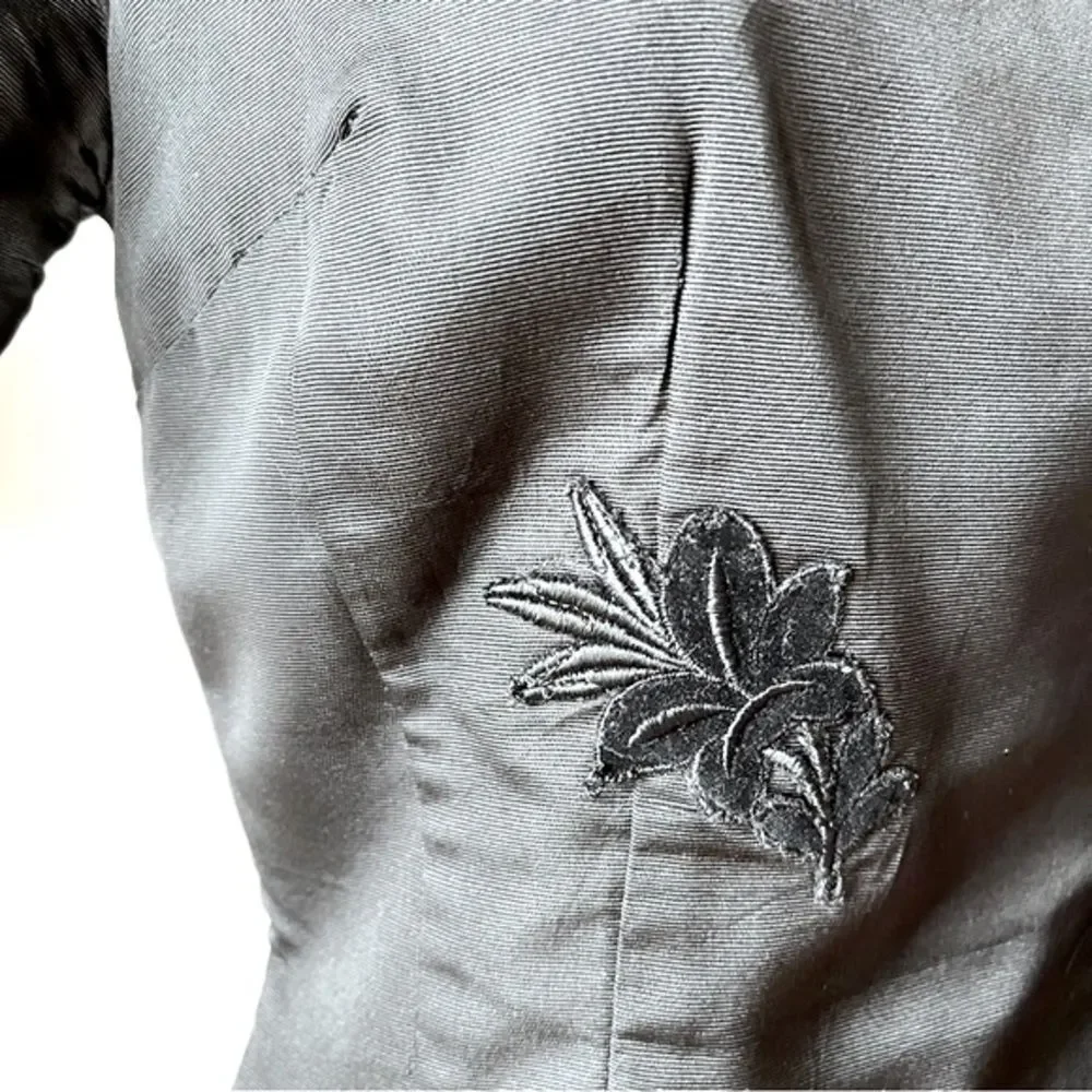 1960s Vintage Petty Hite Black Cocktail Midi Short Sleeve Appliqué Dress - Picture 8 of 13